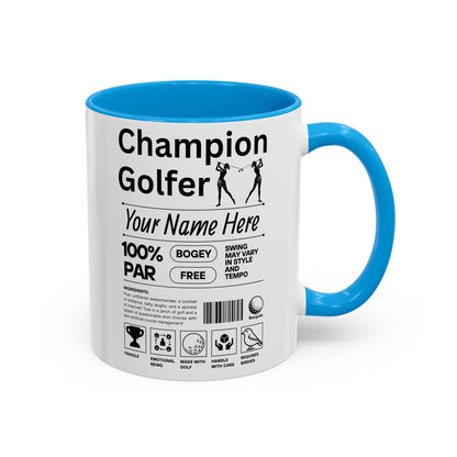 Mug with 'Champion Golfer' design and customizable text on a white background and light blue mug.