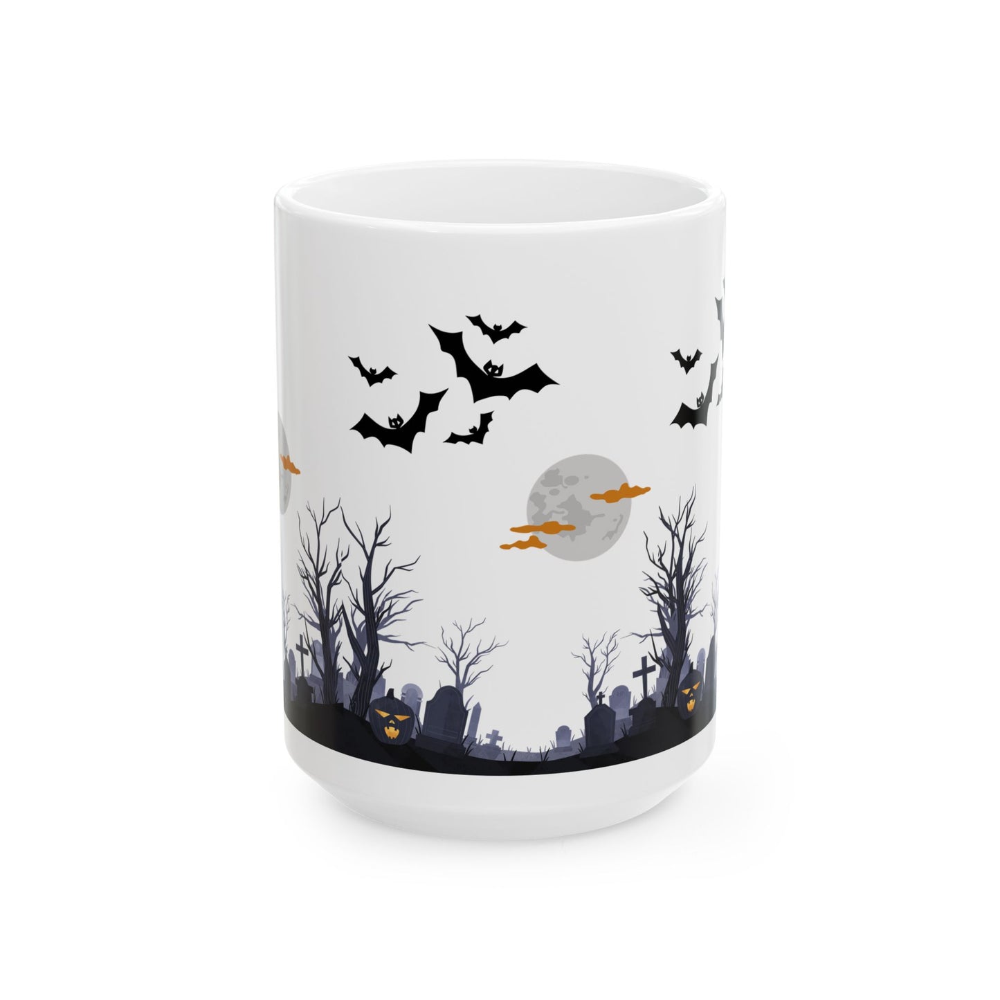 White mug with Halloween-themed design featuring bats, graves, and a moon on a white background