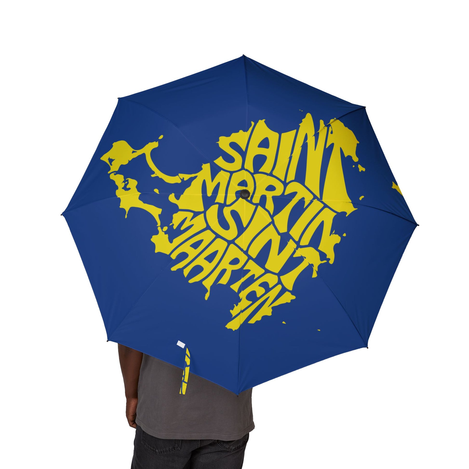 Blue umbrella with word map of Saint Martin