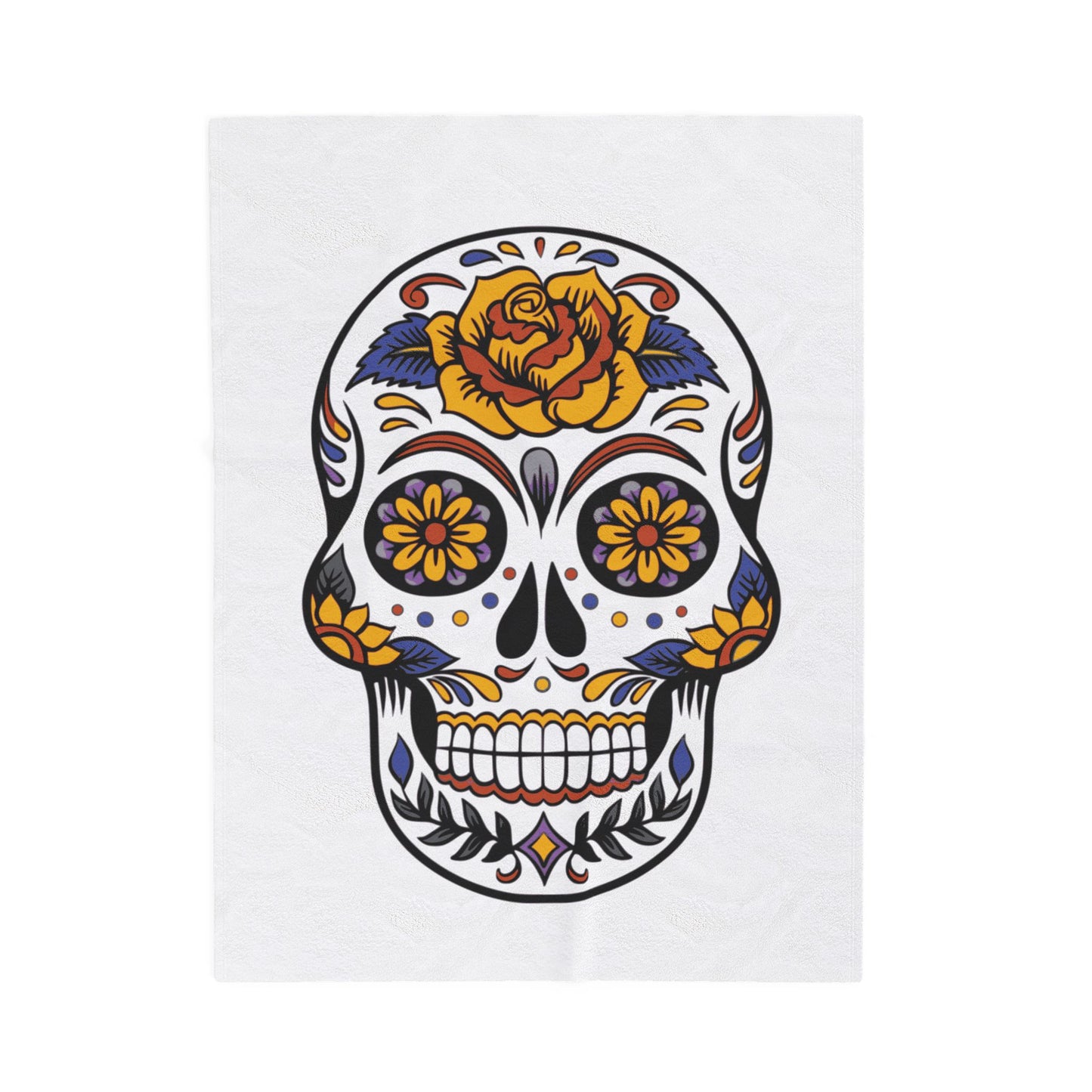 Sugar skull blanket with colorful design with a rose on a white background