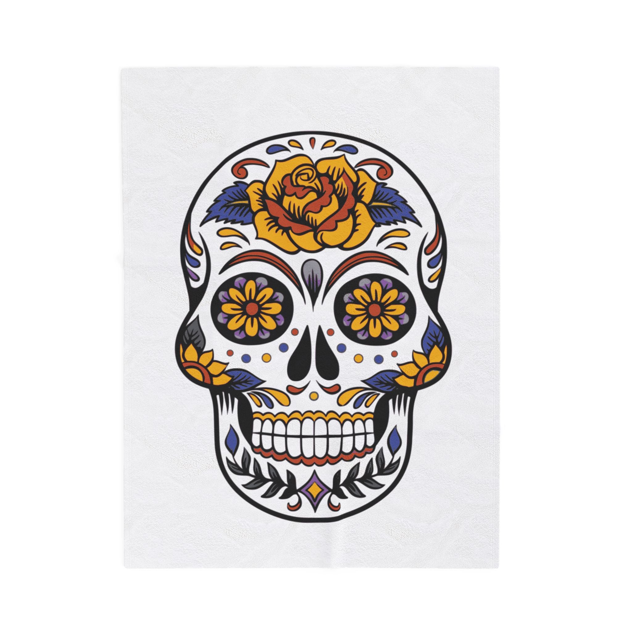 Sugar skull blanket with colorful design with a rose on a white background
