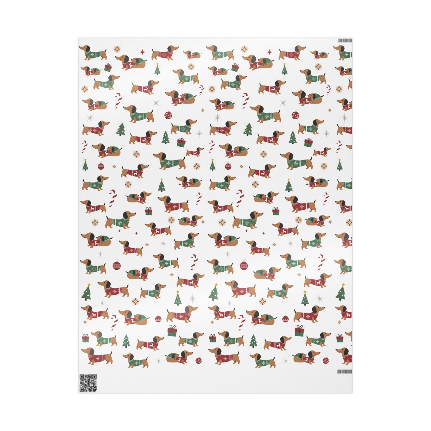 Christmas-themed wrapping paper with dachshunds and festive elements on a white background
