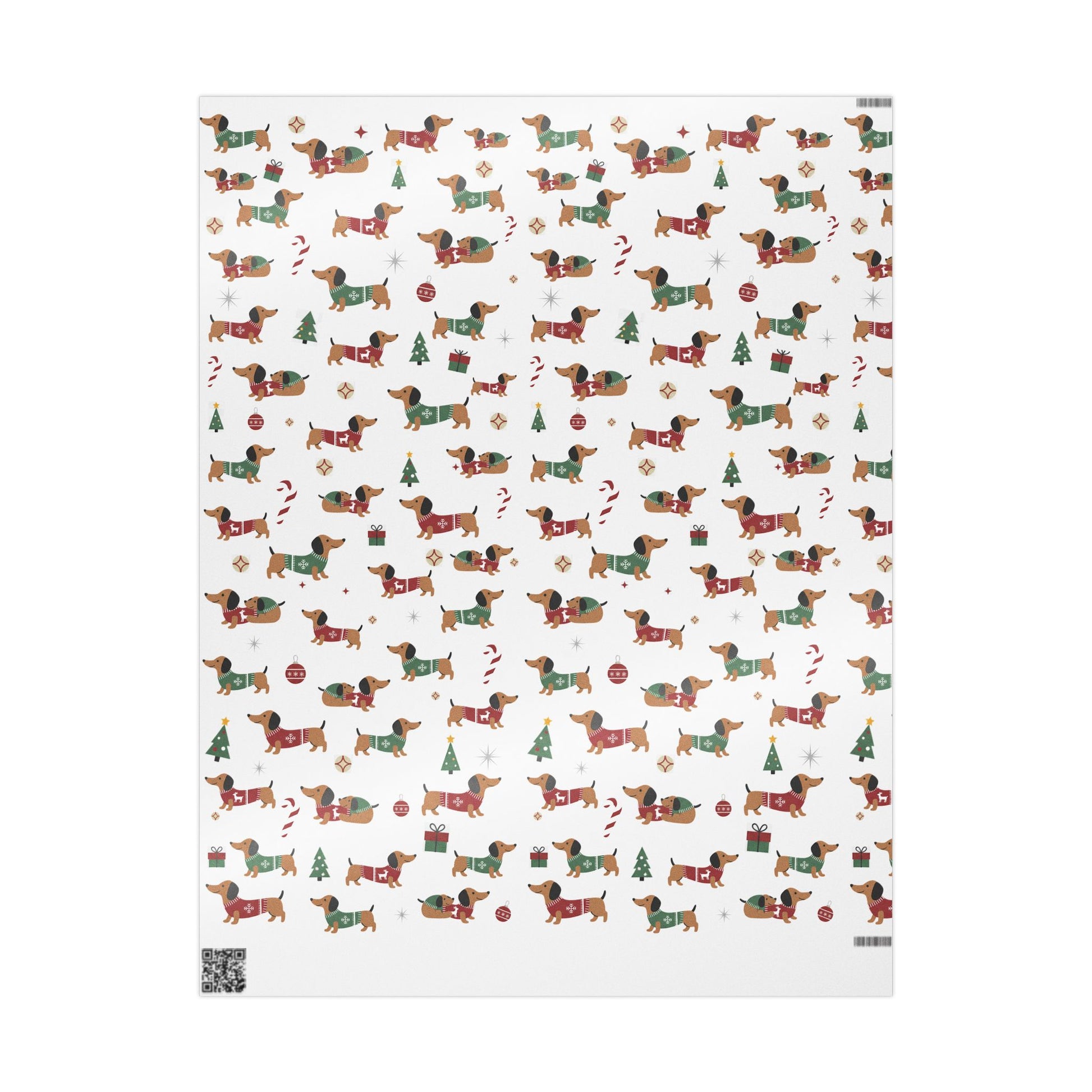 Christmas-themed wrapping paper with dachshunds and festive elements on a white background