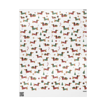 Christmas-themed wrapping paper with dachshunds and festive elements on a white background