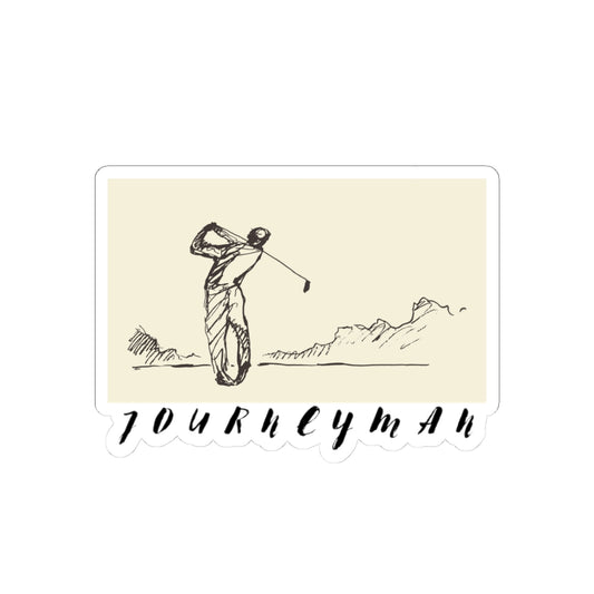 Golf-themed design with a golfer and mountains on a beige background, featuring the word 'Journeymen'.