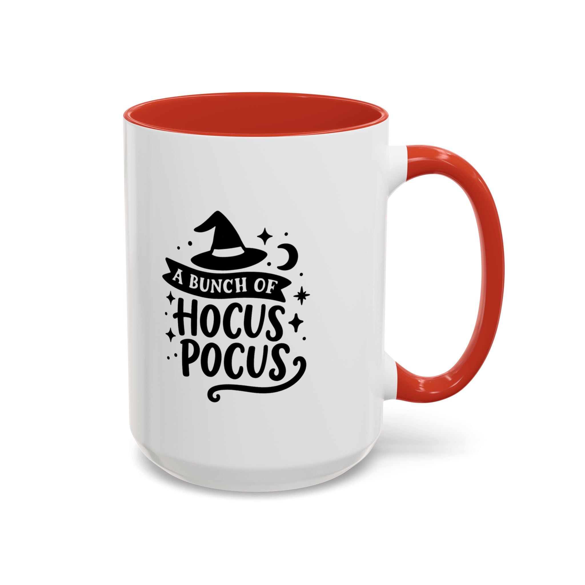 White two-tone coffee mug with a red handle and interior and a black 'A Bunch of Hocus Pocus' witch-hat design, on a white background
