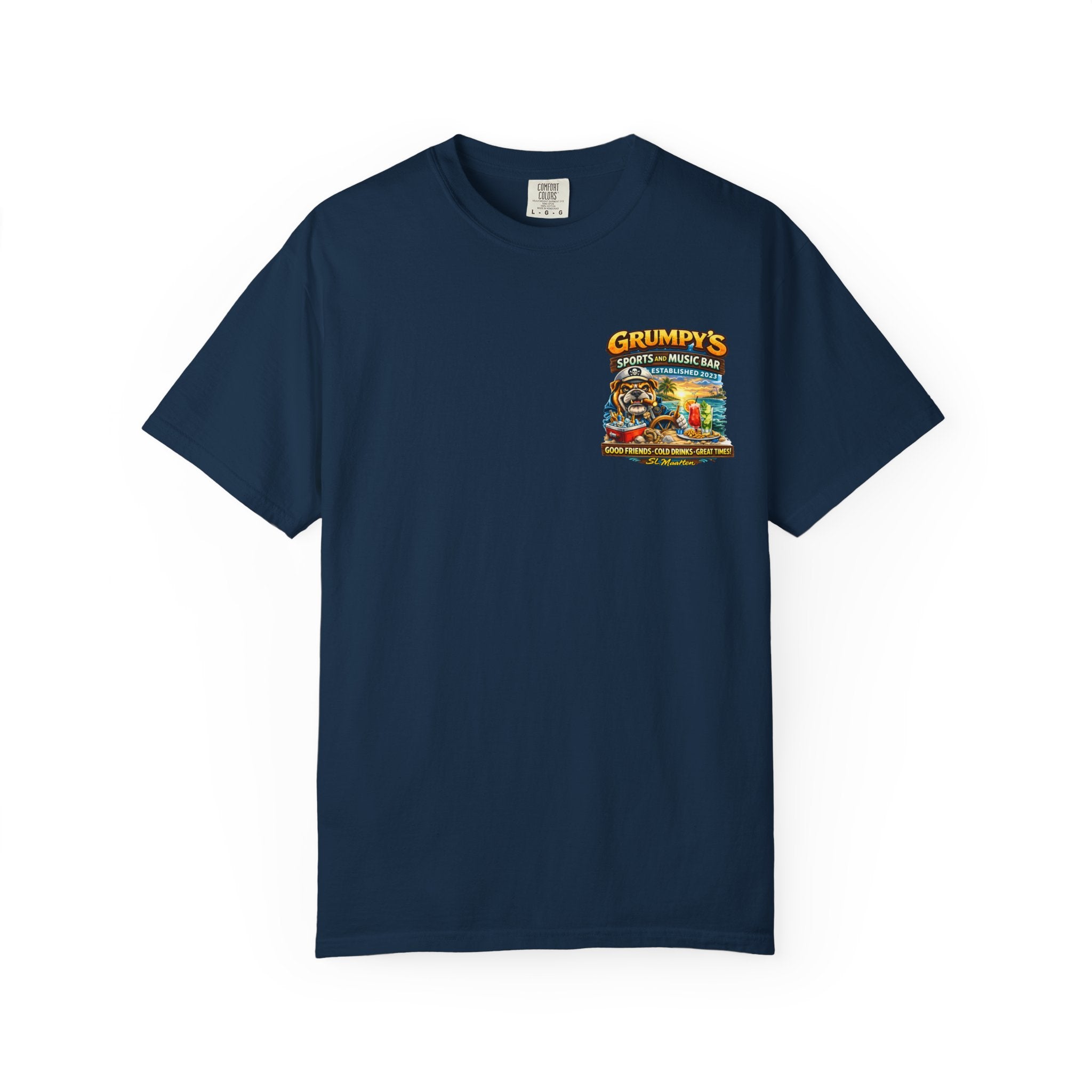 Navy blue t-shirt with a colorful graphic on a white background