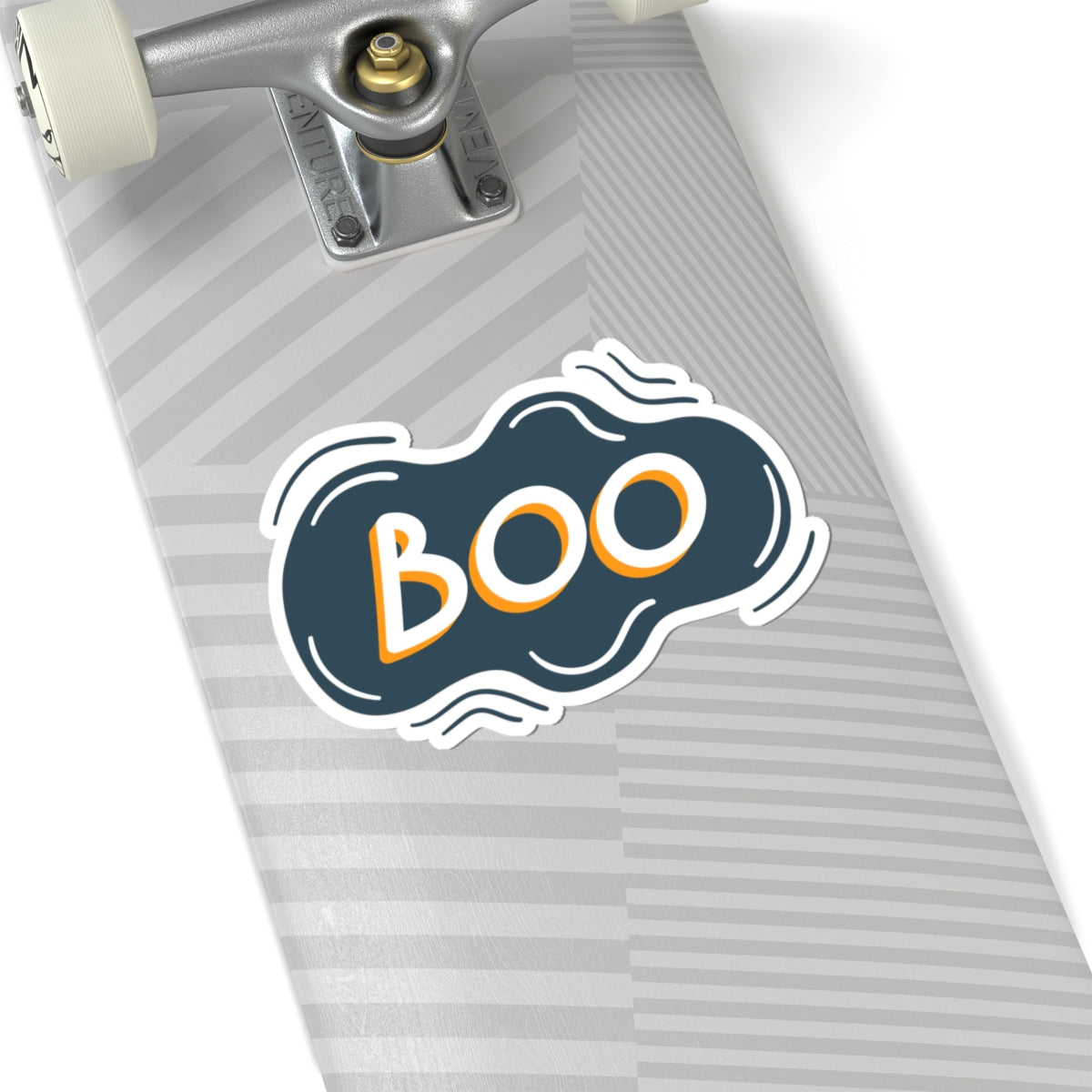 Skateboard with a 'BOO' sticker on a white background