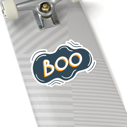 Skateboard with a 'BOO' sticker on a white background