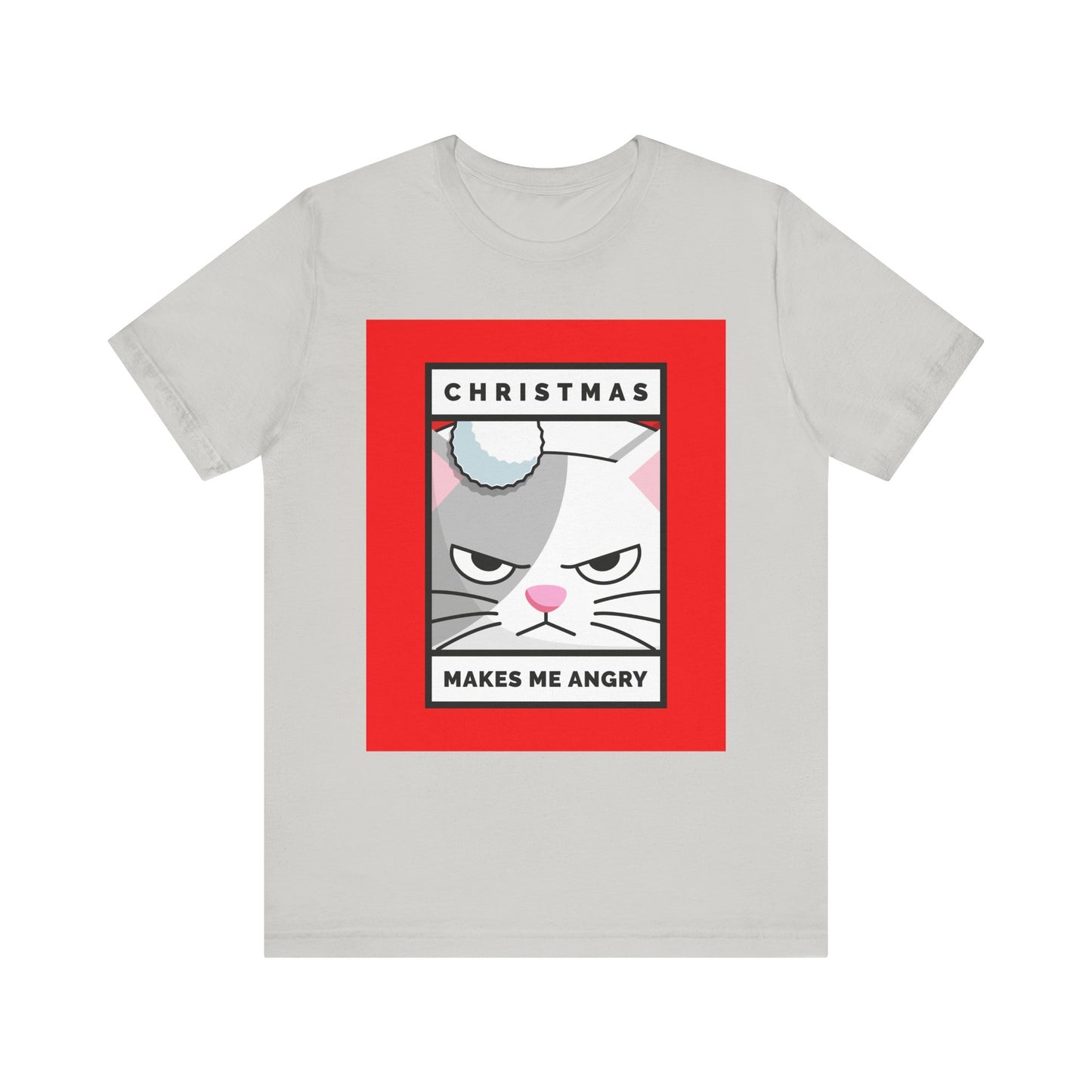 Gray t-shirt with a graphic of a cat and text on a white background