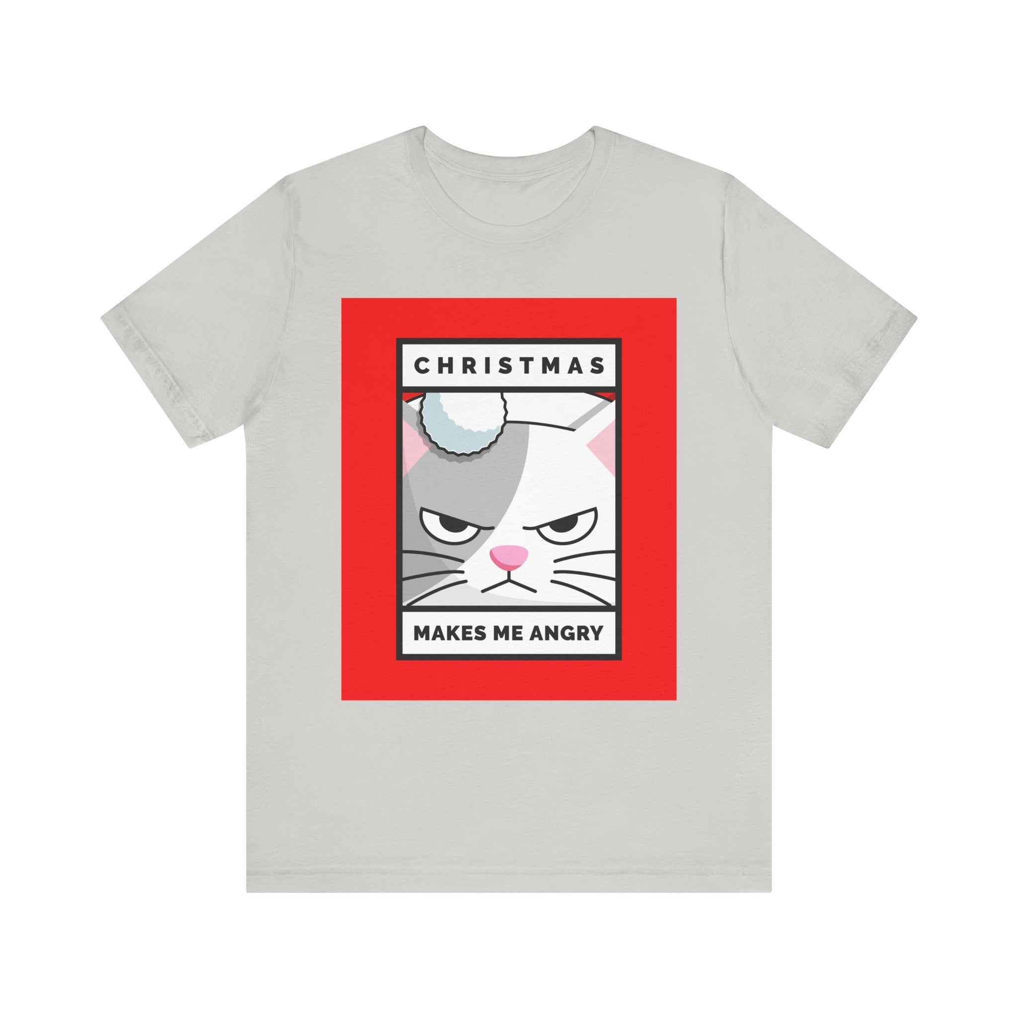 Gray t-shirt with a graphic of a cat and text on a white background
