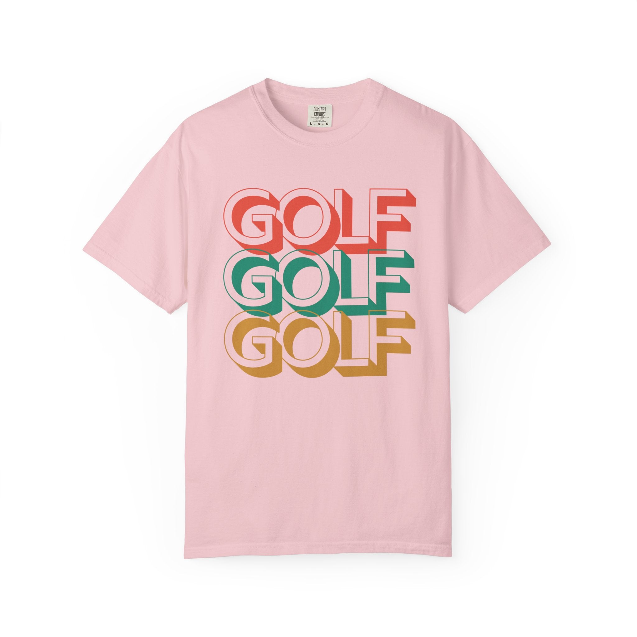 Pink t-shirt with 'GOLF GOLF GOLF' text in different colors on a white background