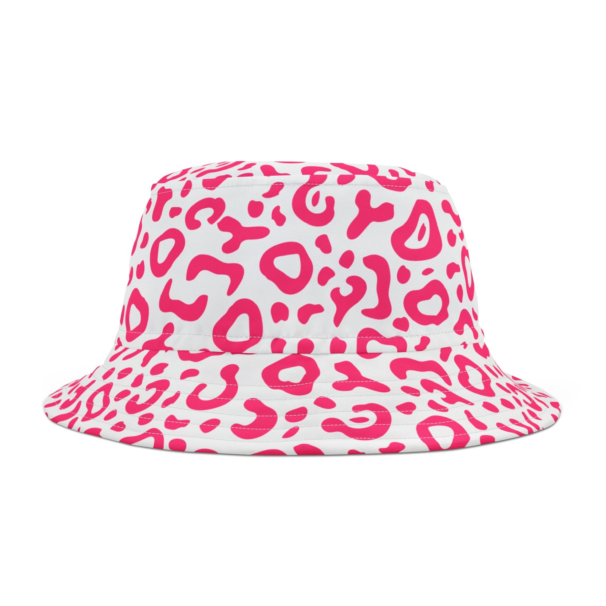 White bucket hat with pink leopard print pattern on a white background