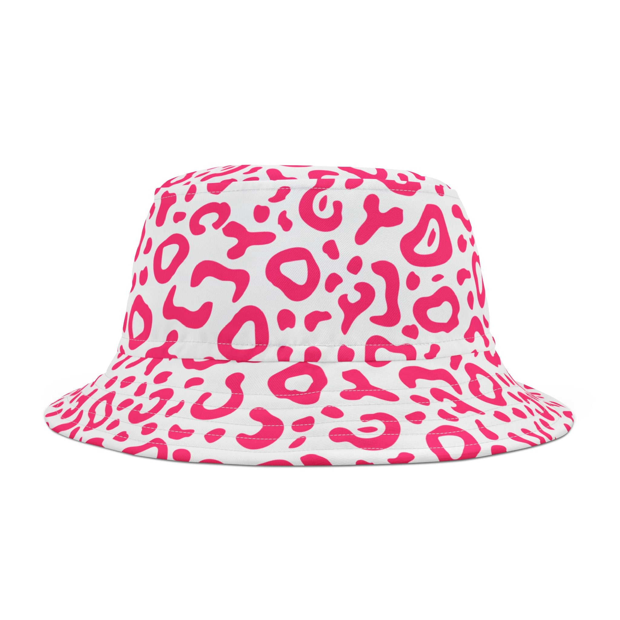 White bucket hat with pink leopard print pattern on a white background