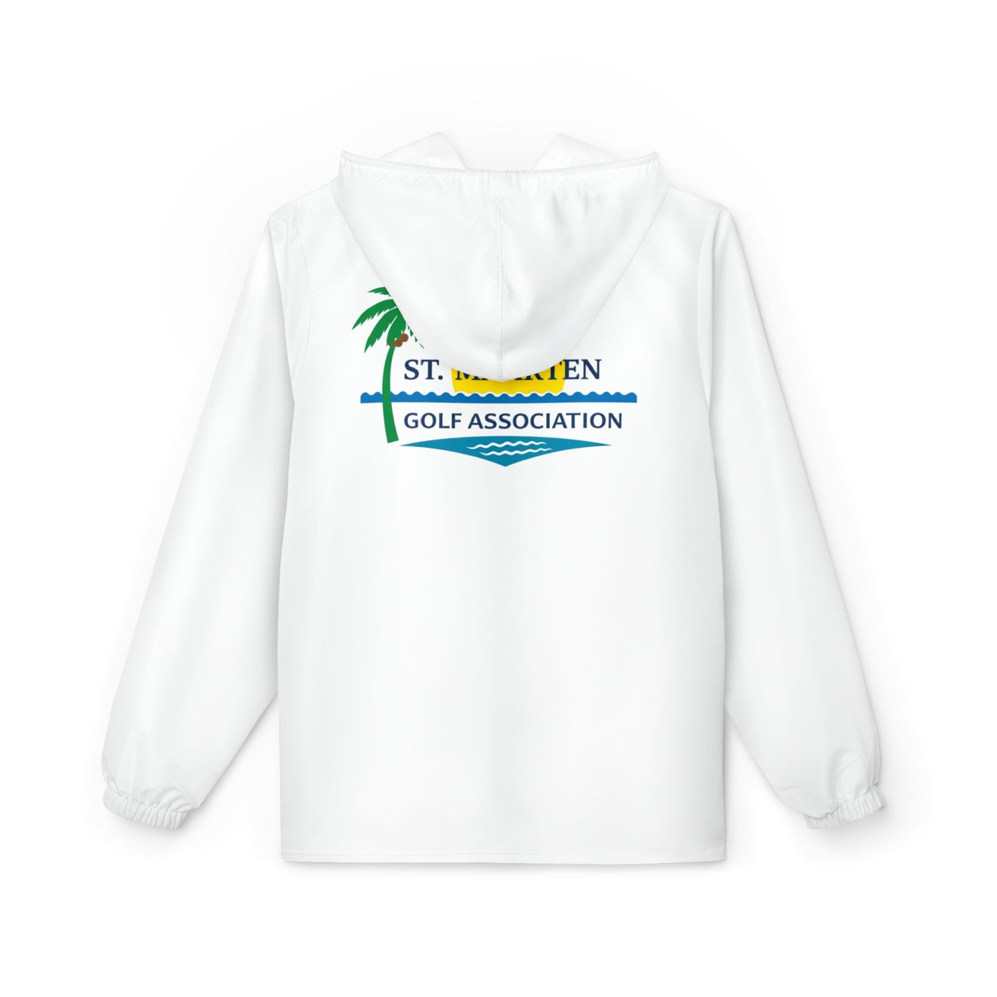 White hoodie with a palm tree and text design on a white background