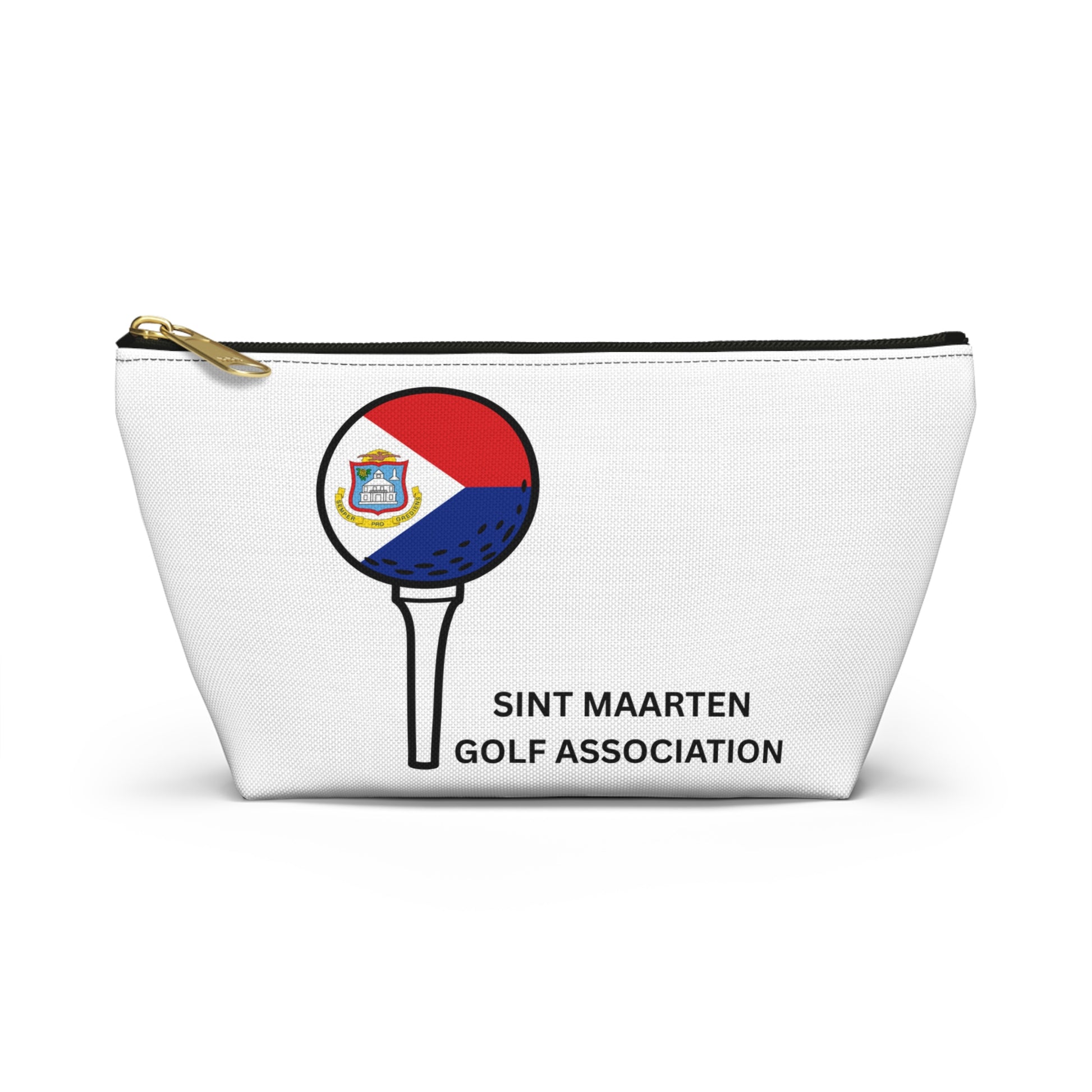 White pouch with Sint Maarten Golf Association logo on a white background