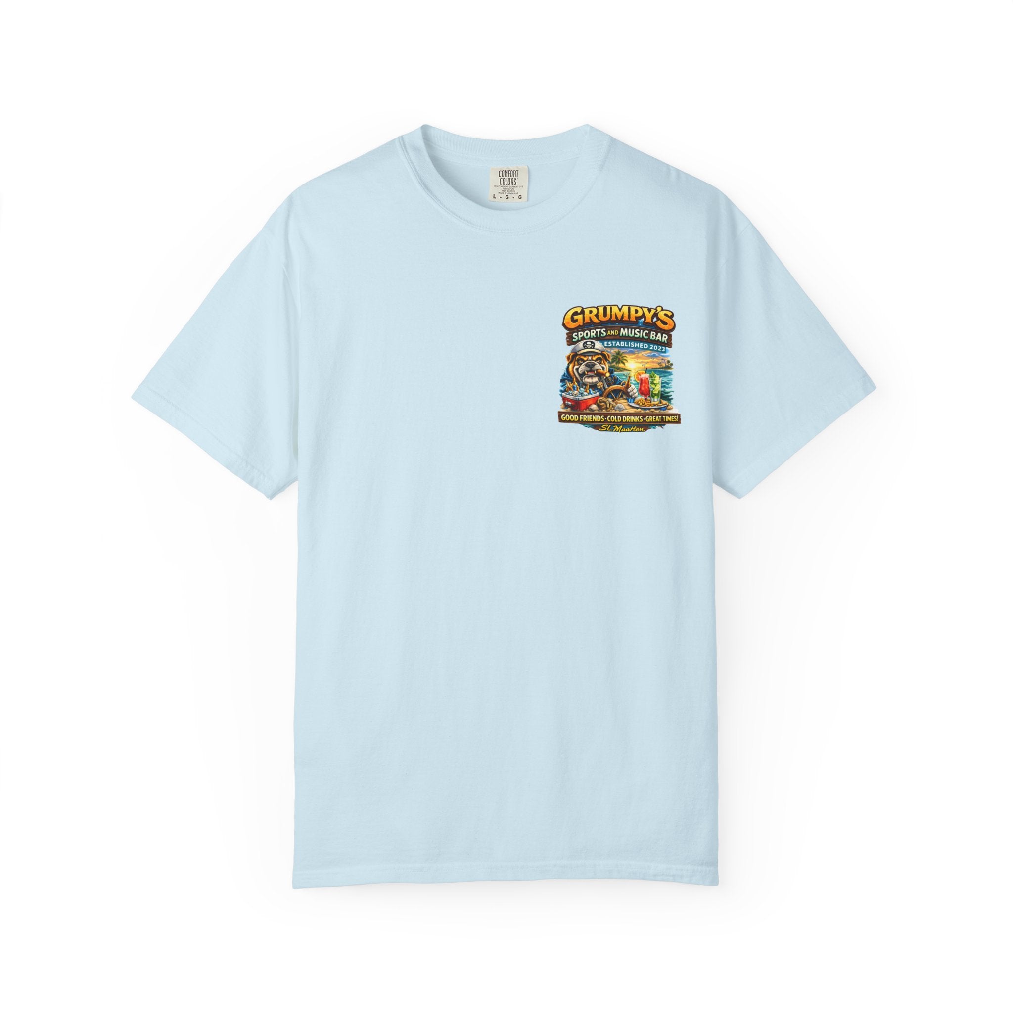 Light blue t-shirt with a graphic design on a white background