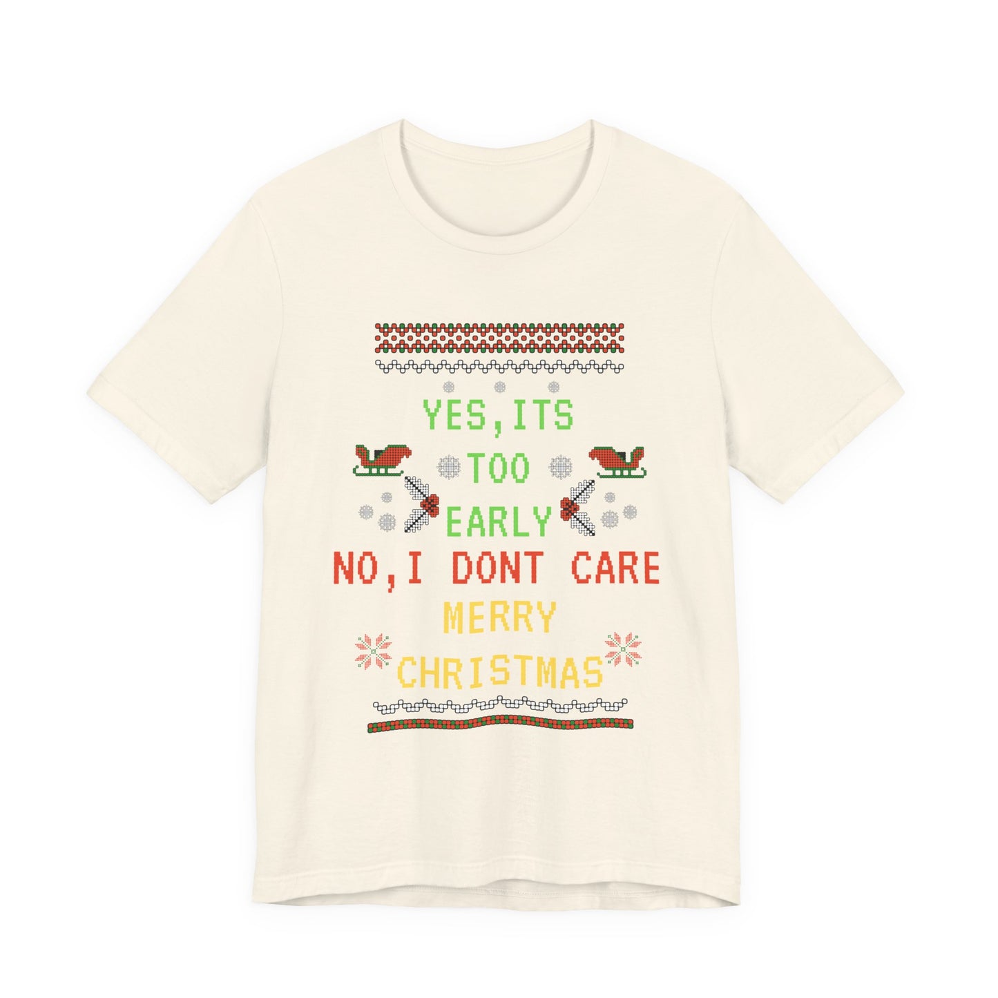 Beige t-shirt with Christmas-themed text and graphics on a white background