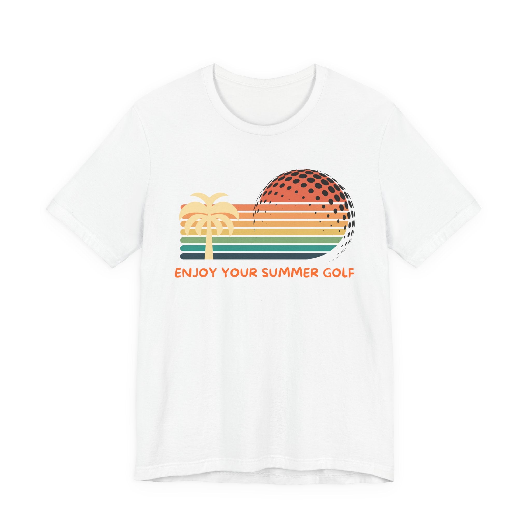White t-shirt with a retro graphic of a halftone golf ball, palm tree, and sunset stripes above the words Enjoy Your Summer Golf, on a white background.