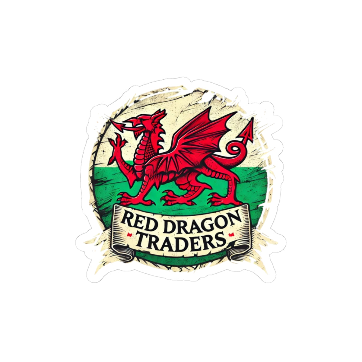 Logo of Red Dragon Traders with a red dragon on a green and white background