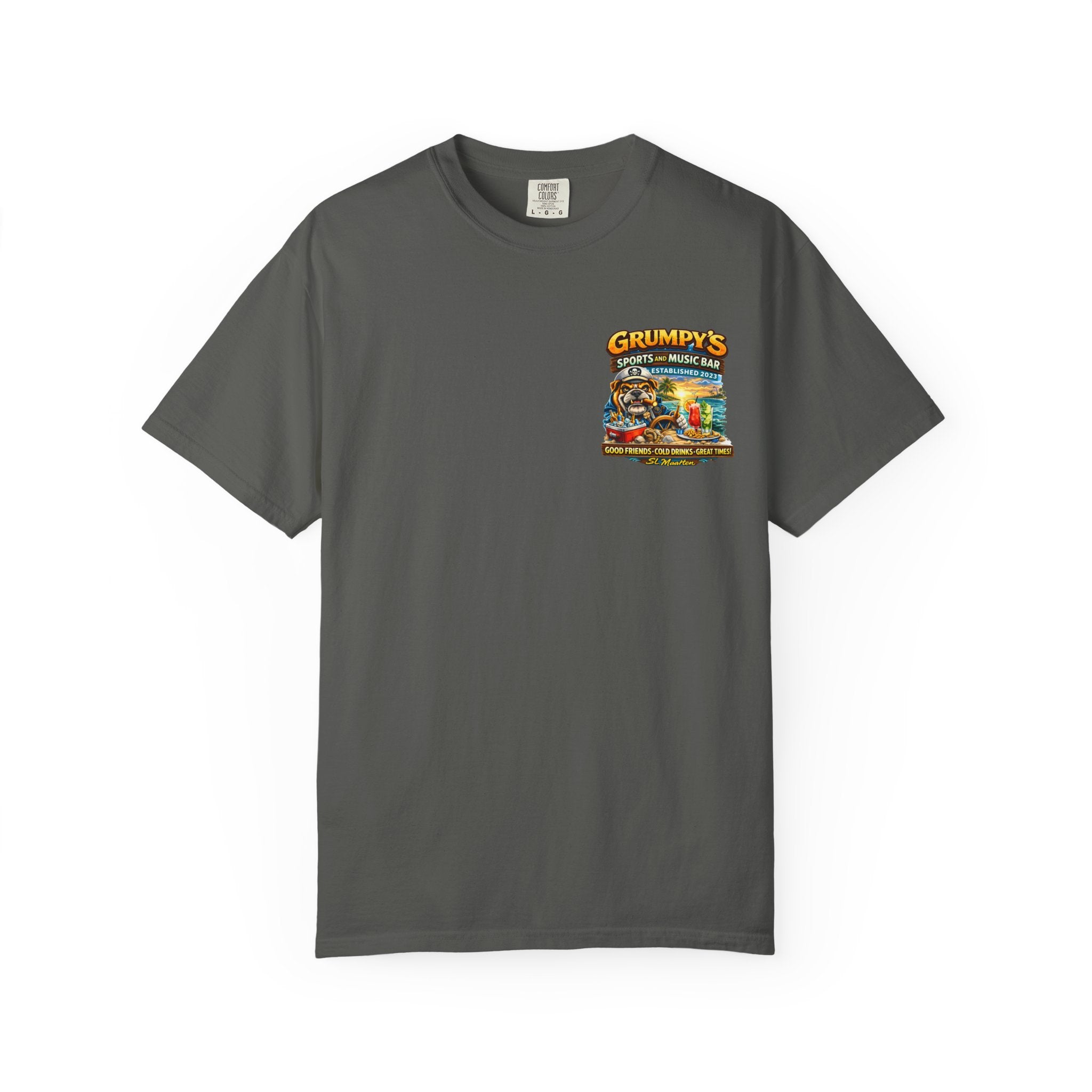 Gray t-shirt with a colorful graphic on the chest against a white background