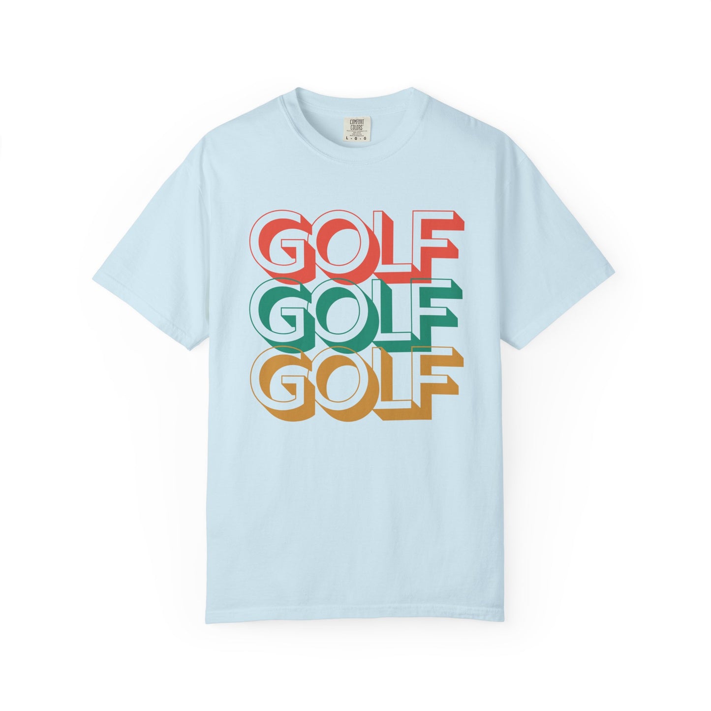 Light blue t-shirt with 'GOLF GOLF GOLF' text in red, green, and orange on a white background