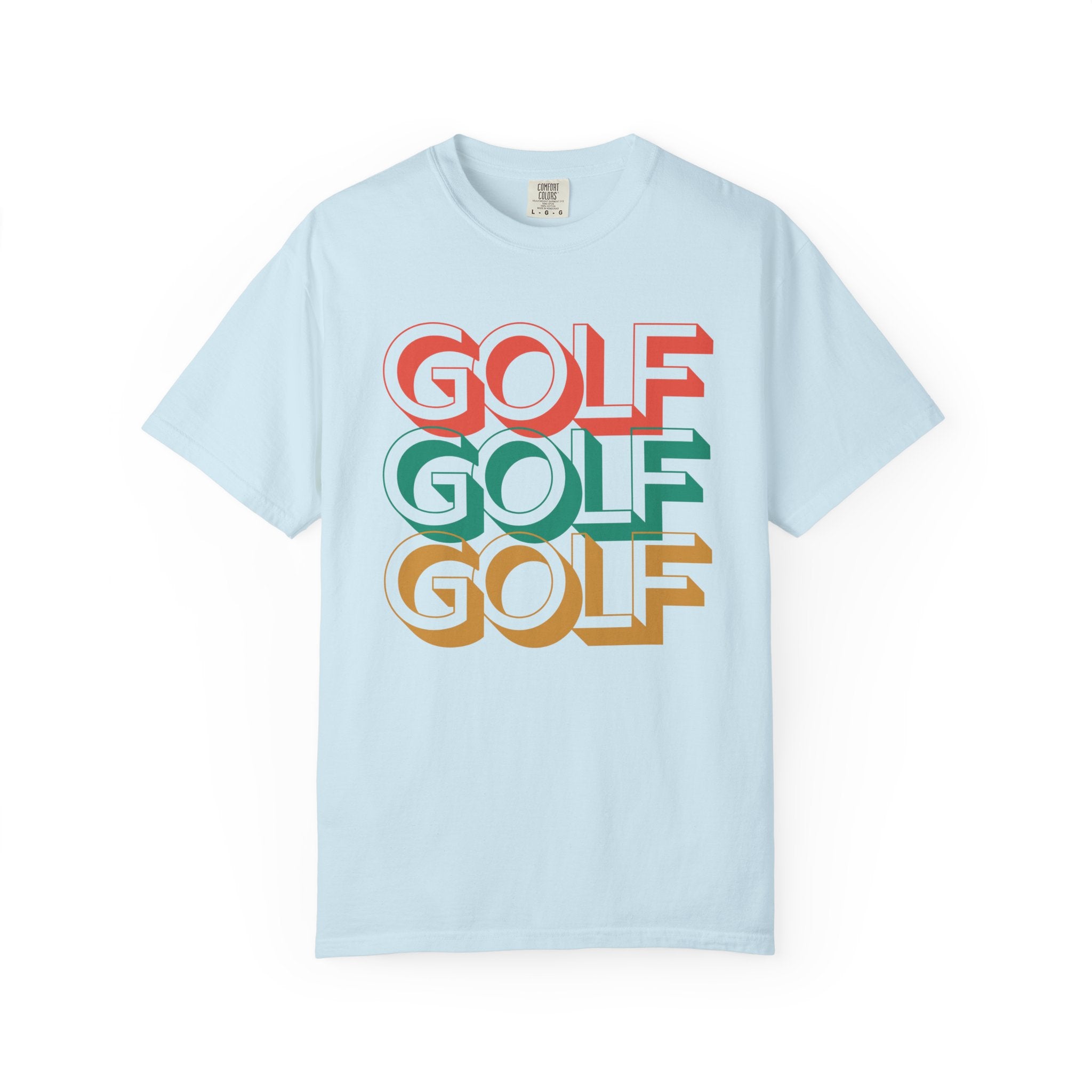 Light blue t-shirt with 'GOLF GOLF GOLF' text in red, green, and orange on a white background