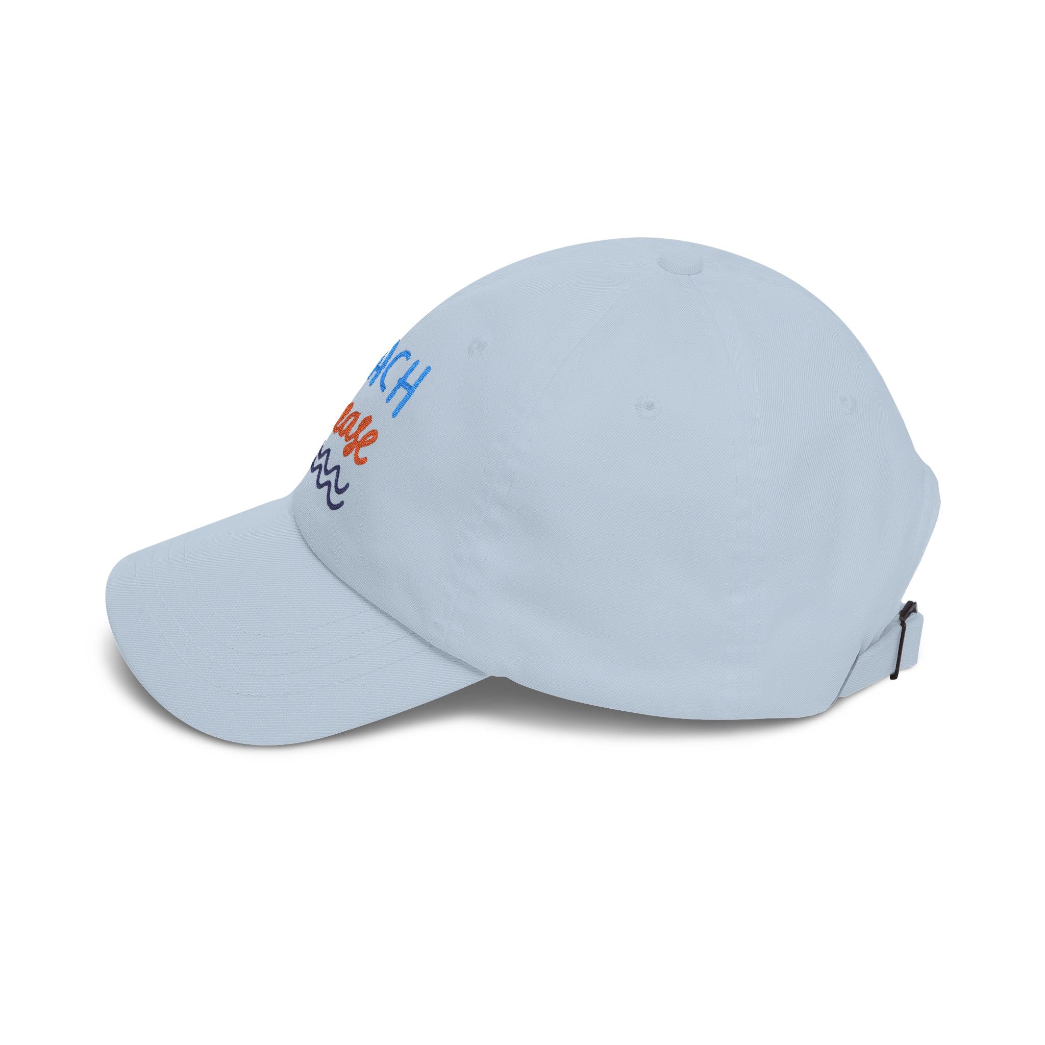 Light blue dad cap with embroidered 'Beach Please' text, side view on a white background