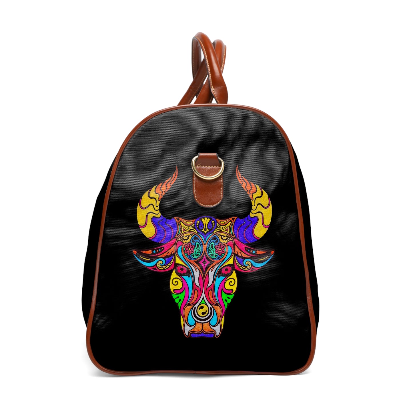 Black backpack with colorful bull head design on a white background