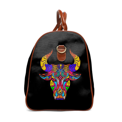 Black backpack with colorful bull head design on a white background