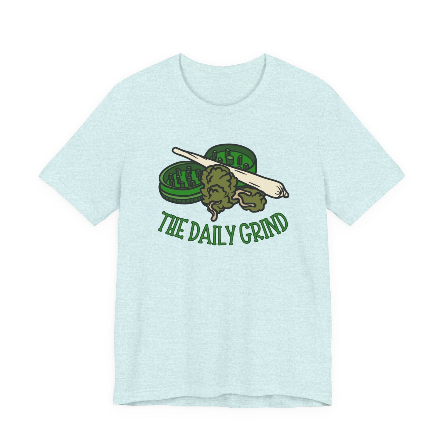 Light blue t-shirt with green graphic and 'The Daily Grind' text on a white background