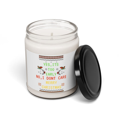 Candle jar with a Christmas-themed label on a white background