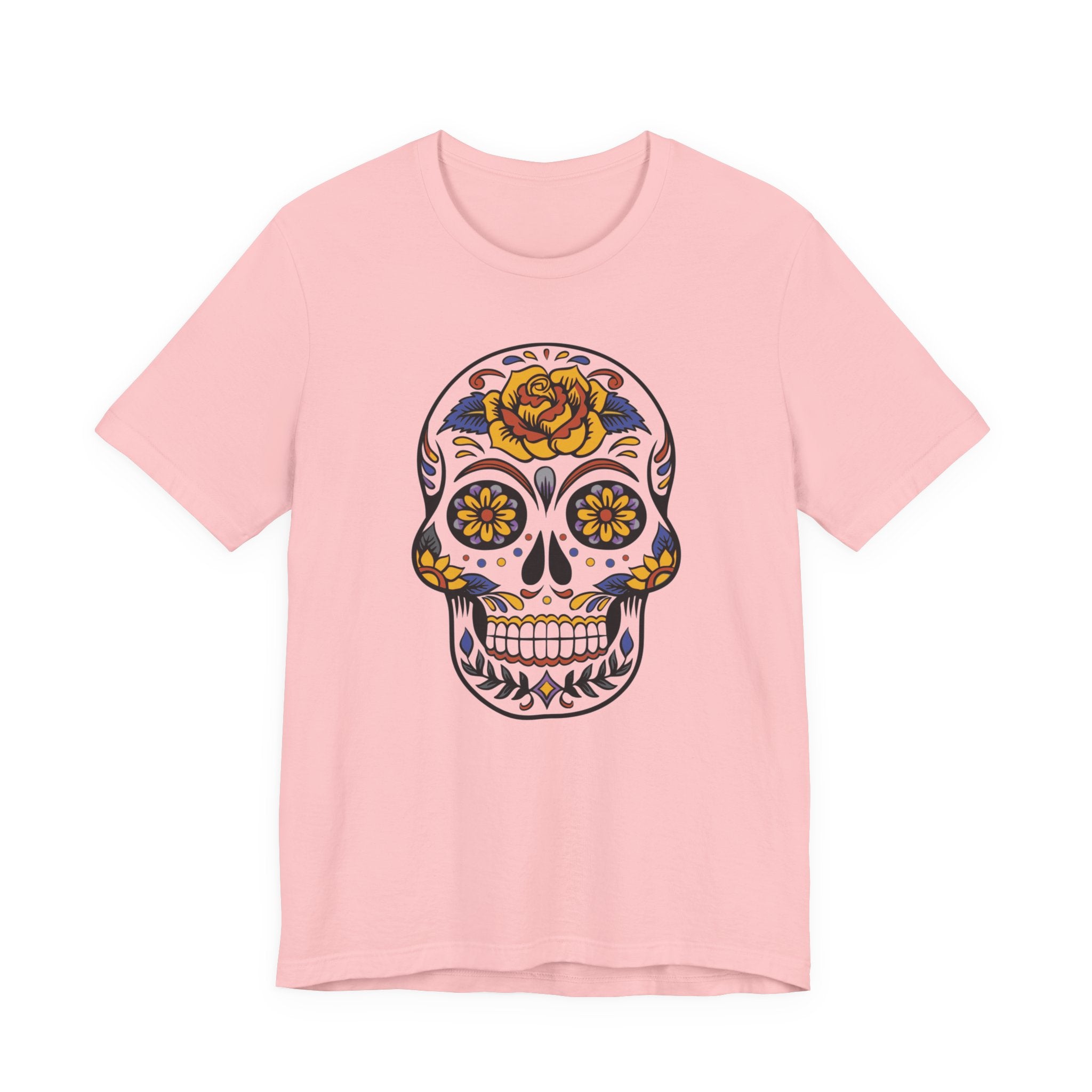 Pink t-shirt with a colorful skull design on a white background