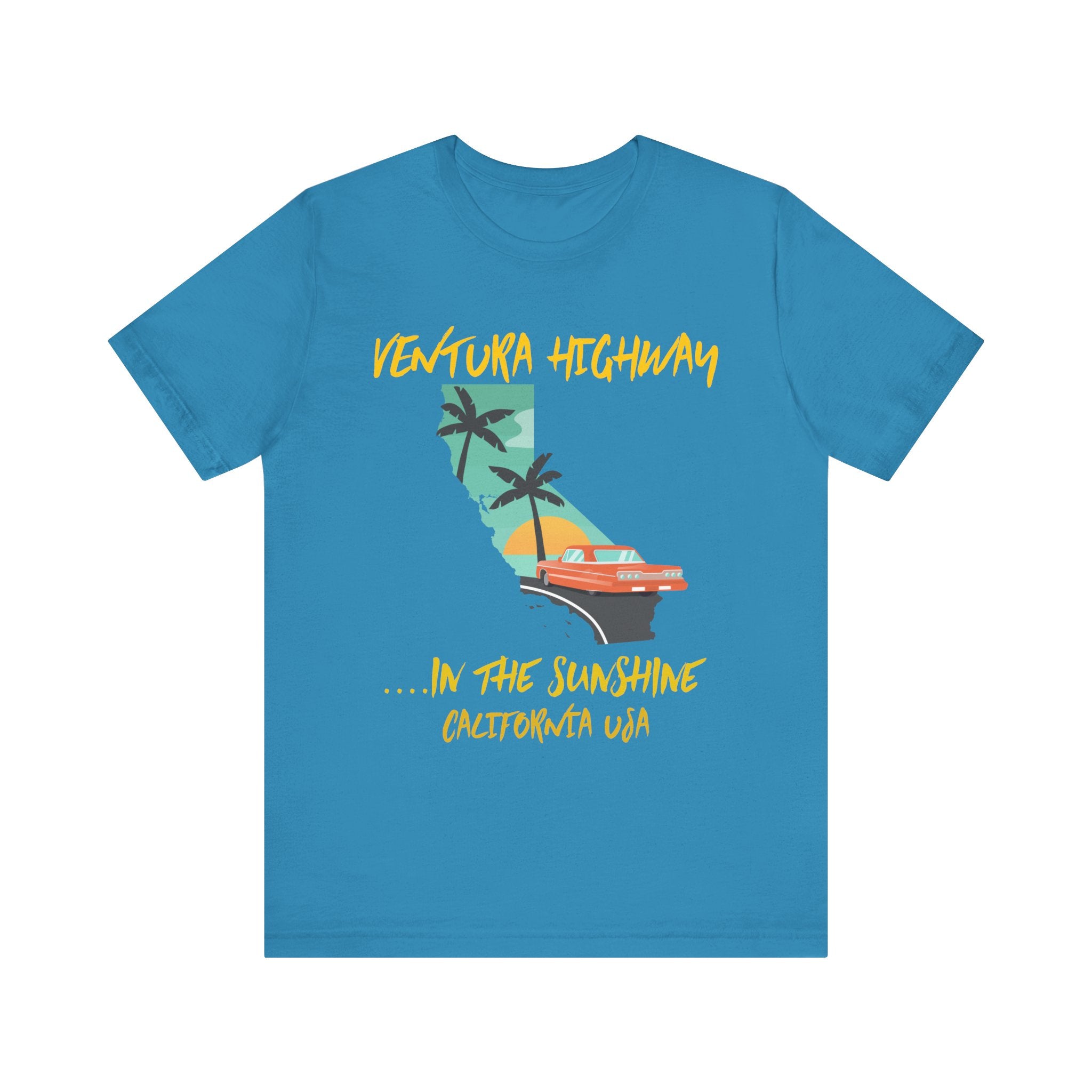 Blue t-shirt with a graphic design of California and text on a white background