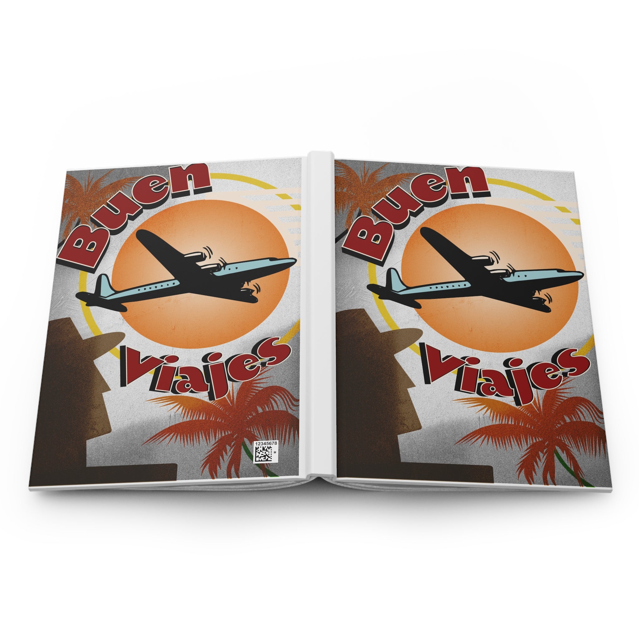 Front and back covers of the 'Buen Viajes' retro travel journal shown flat
