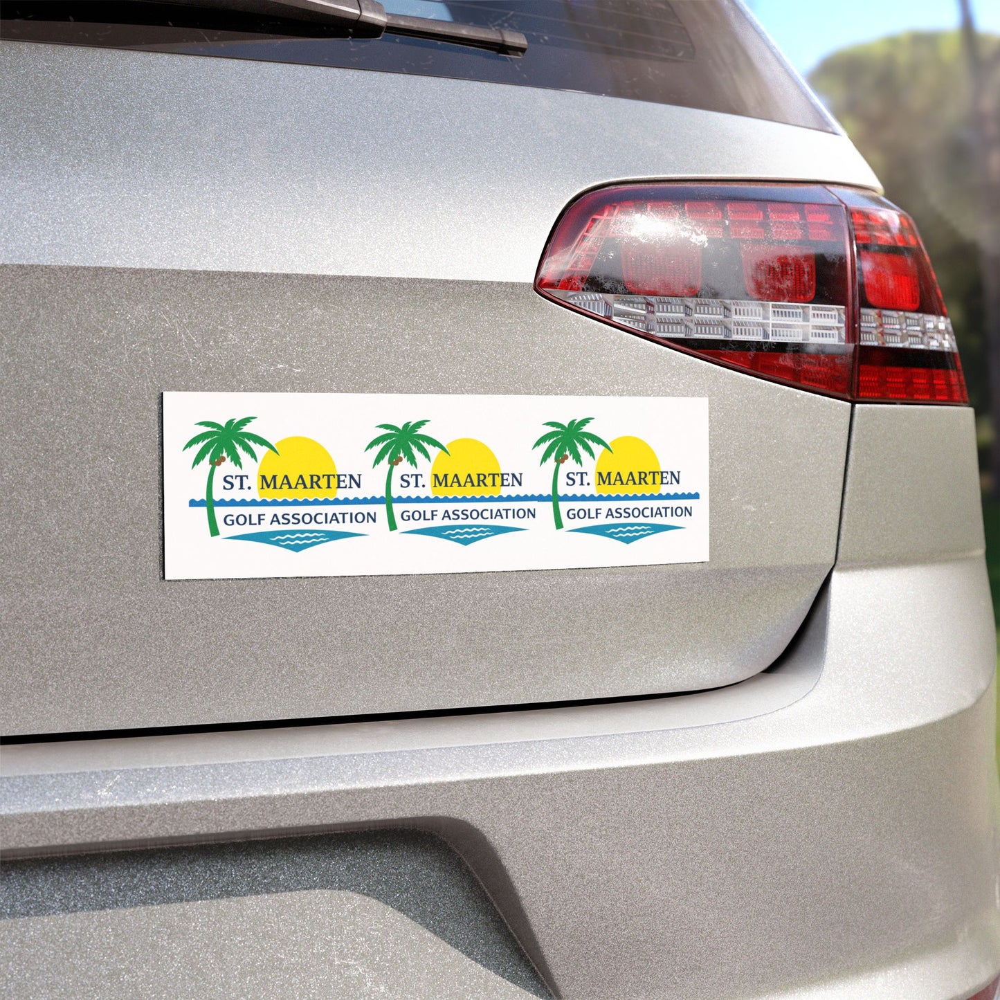 St. Maarten Golf Association Car Magnet — Tropical Palm & Sunset Logo