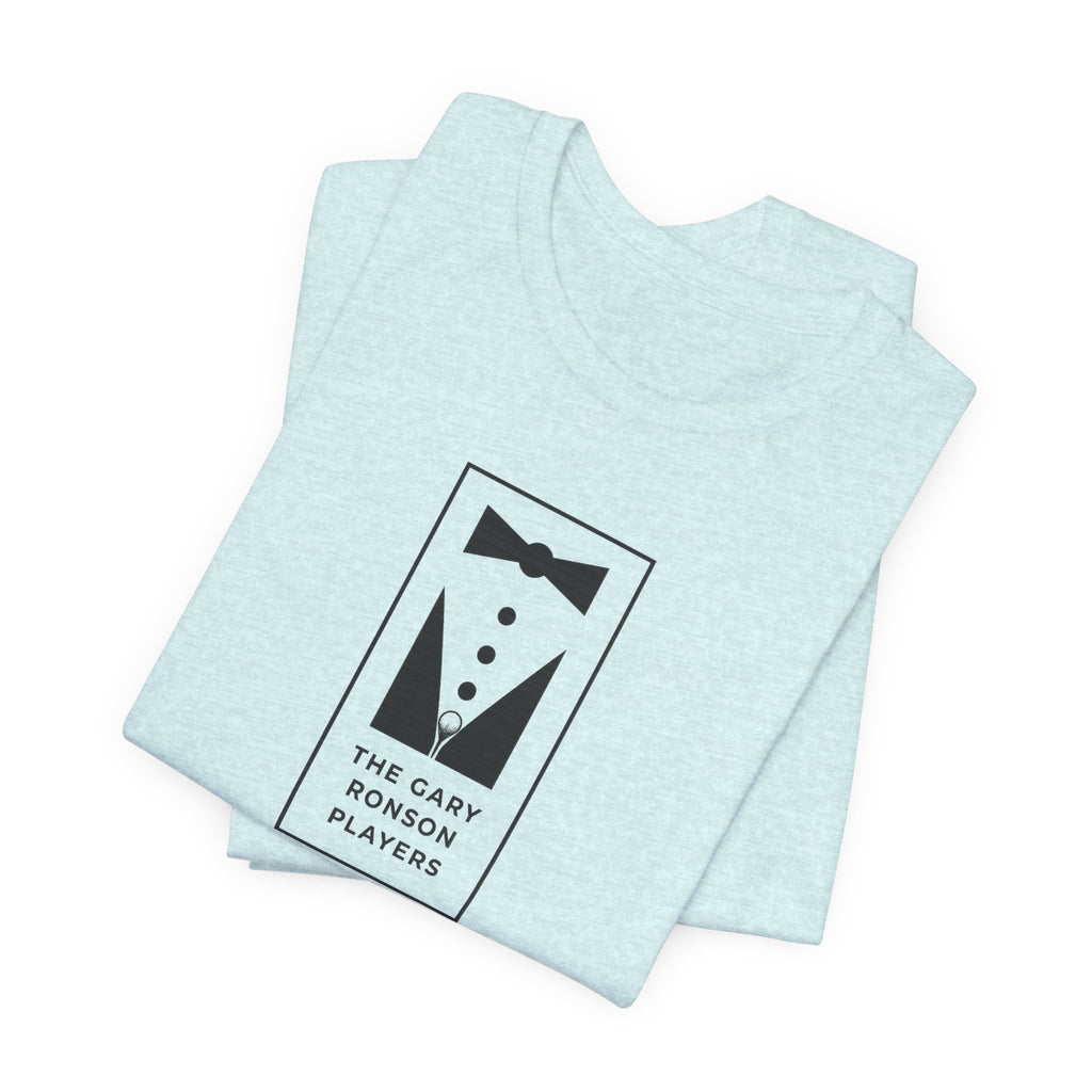 Folded ice blue heather t-shirt showing the tuxedo 'The Gary Ronson Players' graphic, on a white background
