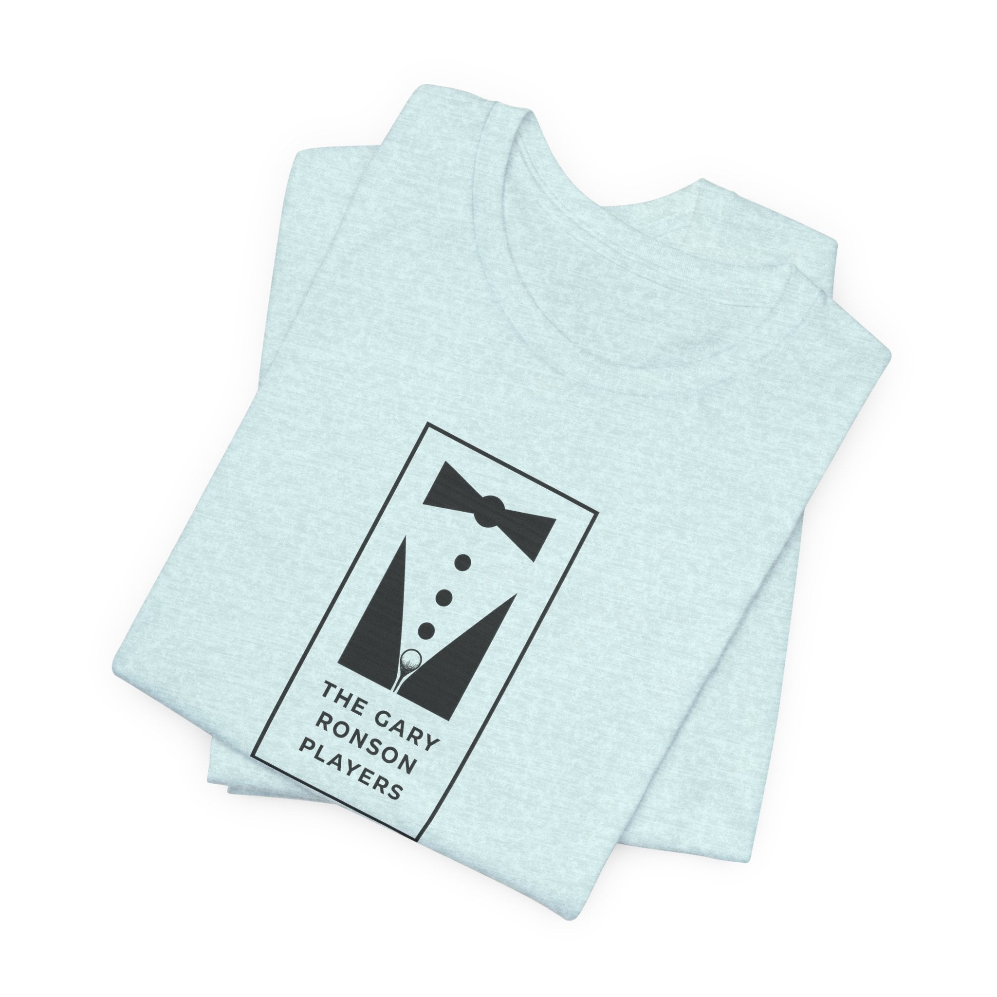 Folded ice blue heather t-shirt showing the tuxedo 'The Gary Ronson Players' graphic, on a white background