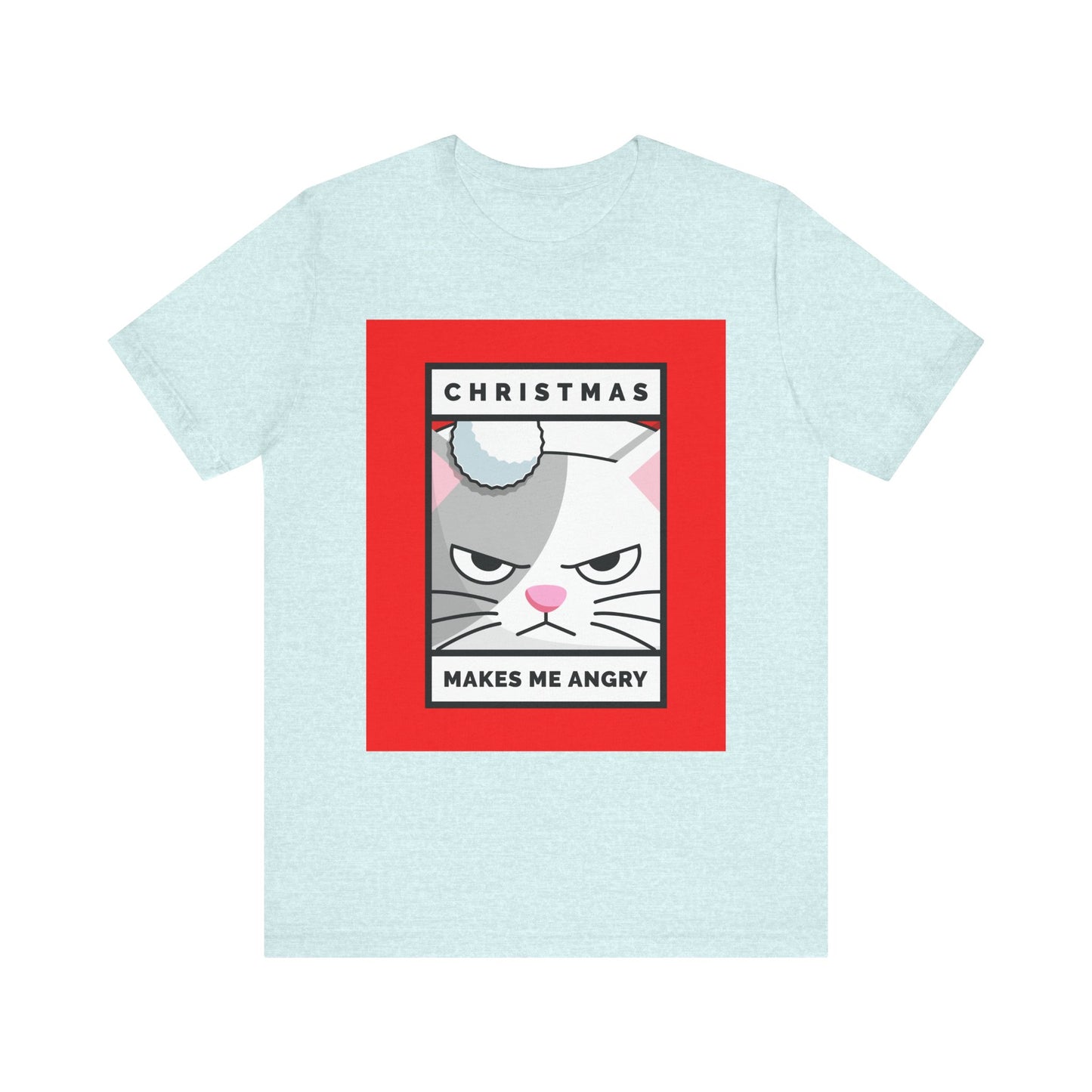 Light blue t-shirt with a graphic of a cat and text on a white background