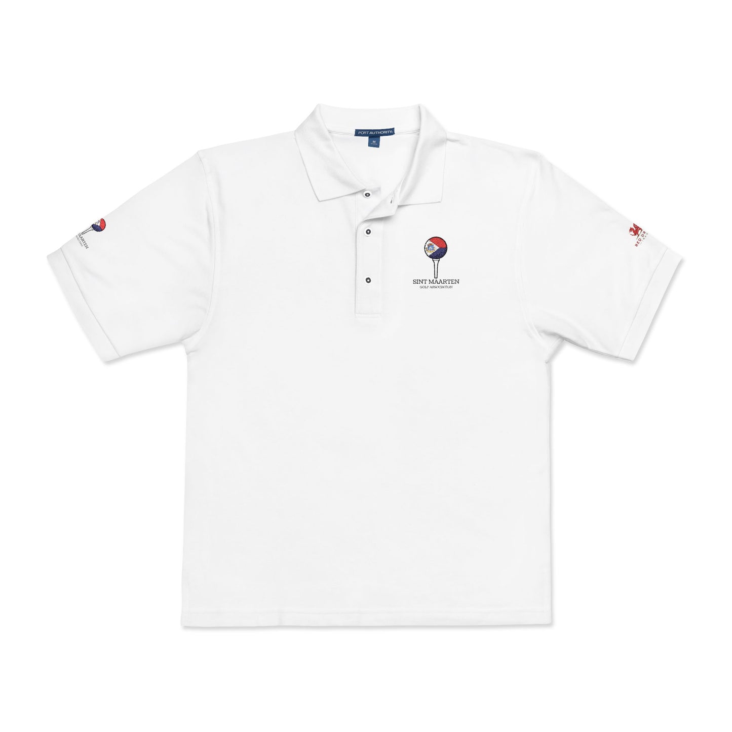 White polo shirt with embroidered logos on a white background