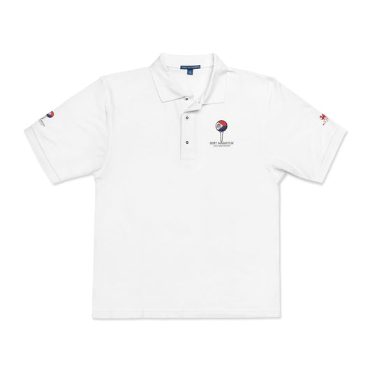 White polo shirt with embroidered logos on a white background