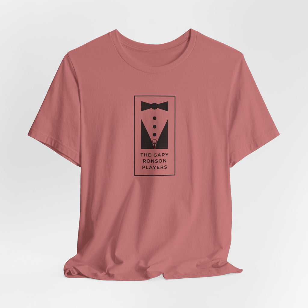 Mauve t-shirt with a black-and-white tuxedo graphic and 'The Gary Ronson Players' text, front view on a white background