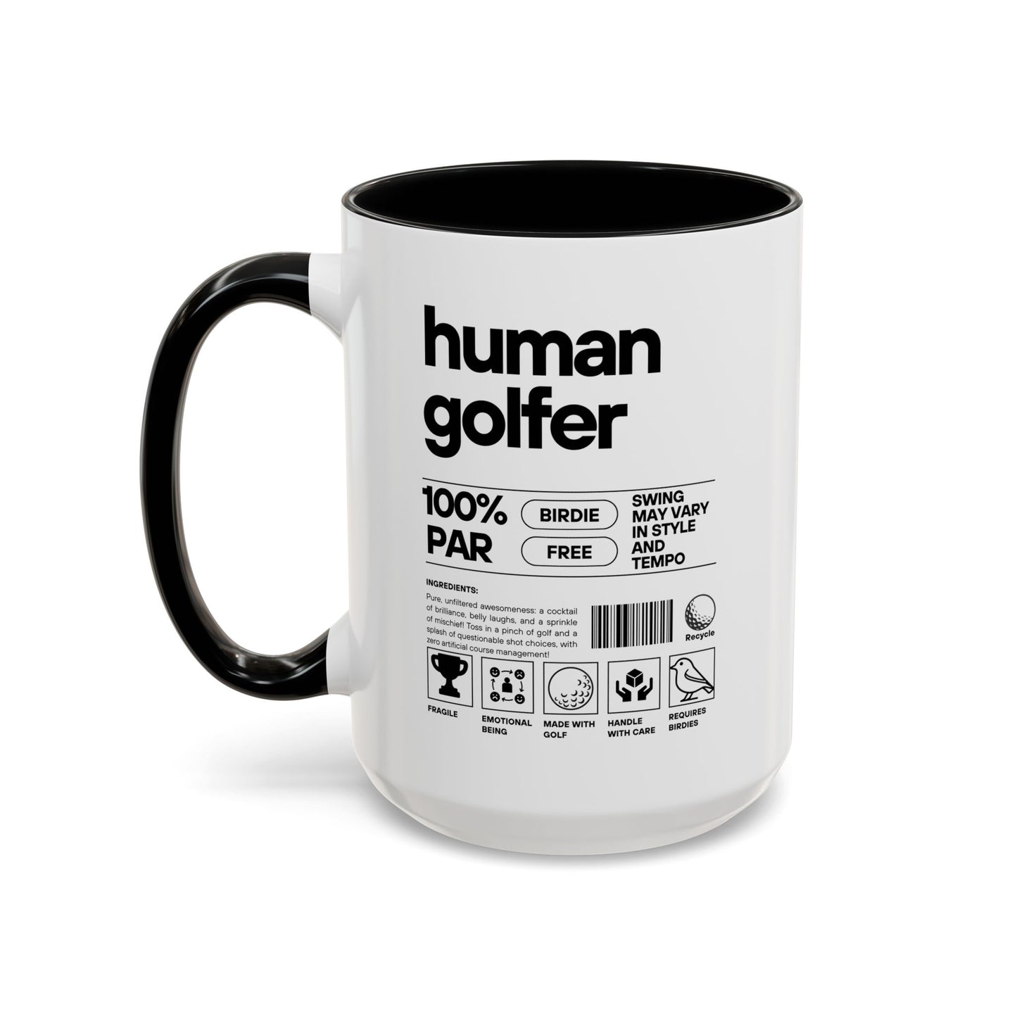White mug with black handle featuring 'human golfer' text and graphics on a white background