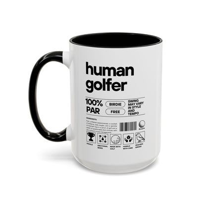 White mug with black handle featuring 'human golfer' text and graphics on a white background