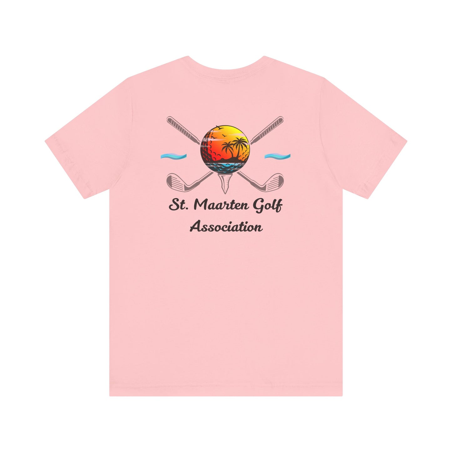 Tee Golff Trofannol Cymdeithas Golff Sint Maarten - Dyluniad Golff Retro Machlud Ynys