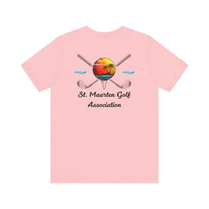 Tee Golff Trofannol Cymdeithas Golff Sint Maarten - Dyluniad Golff Retro Machlud Ynys