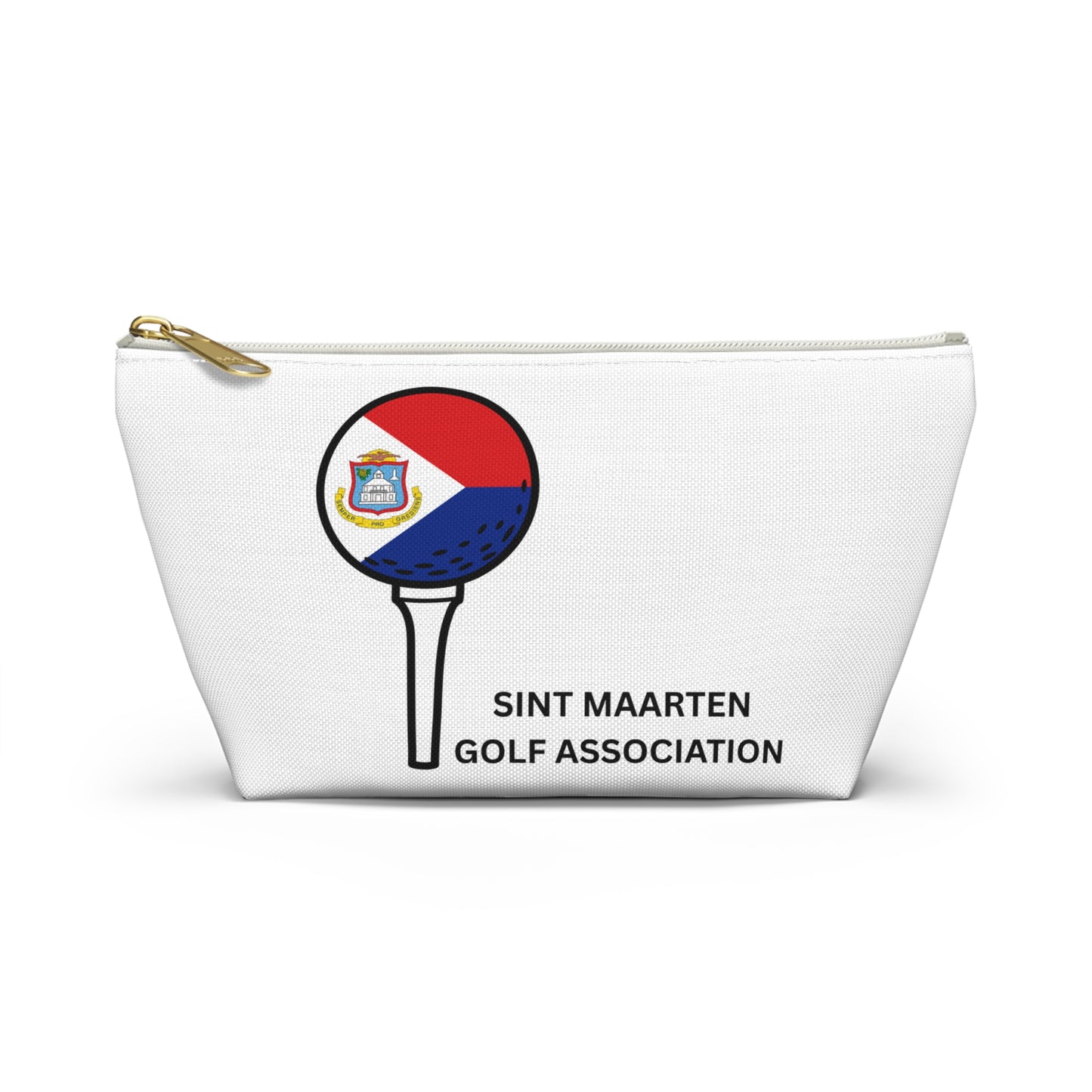 White pouch with golf club and ball design, featuring Sint Maarten Golf Association text on a white background.