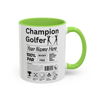 Mug with green interior and handle, featuring text and graphics related to a 'Champion Golfer'.