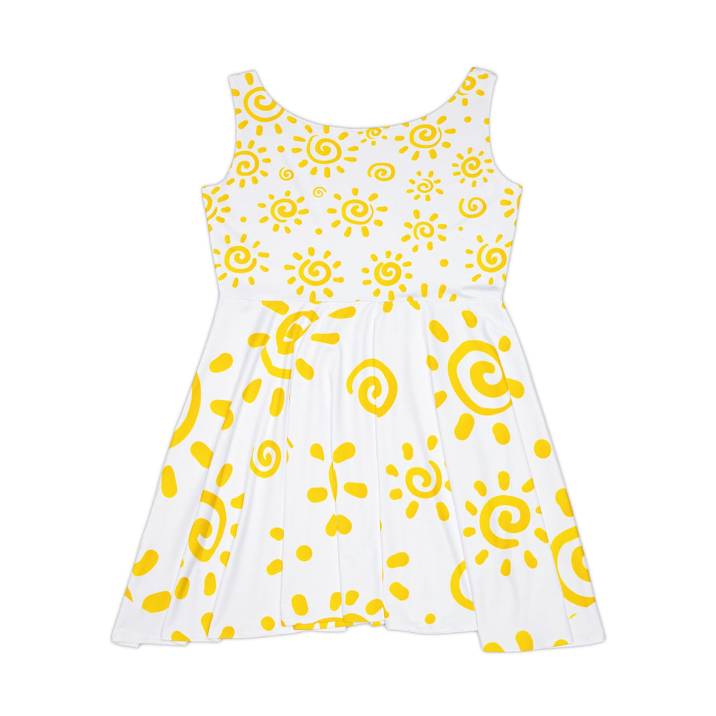 White dress with yellow spiral pattern on a white background