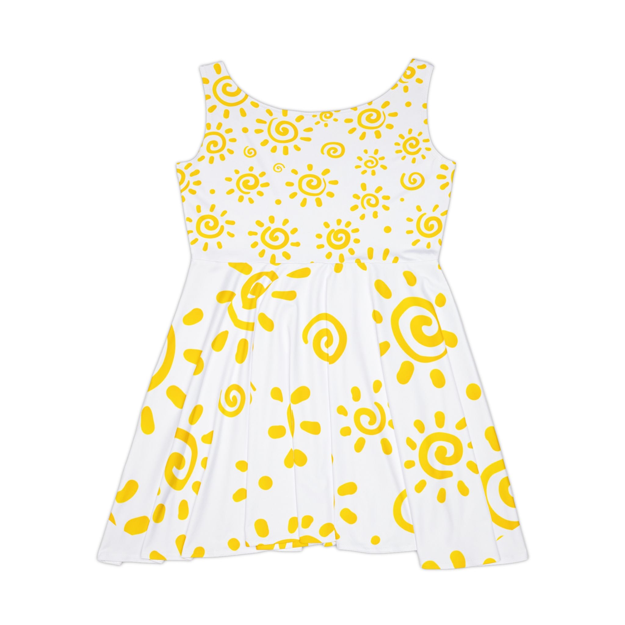 White dress with yellow spiral pattern on a white background